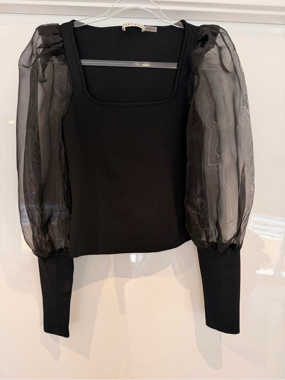 Alice + Olivia Black Square-Neck Top with Sheer Puff Sleeves